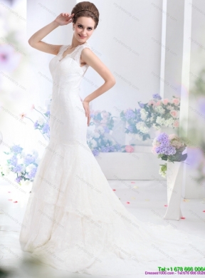 2015 Gorgeous Lace White Wedding Dresses with Brush Train