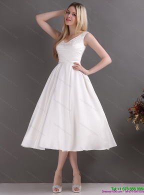2015 Popular Beaded Ruched Short Wedding Dresses in White