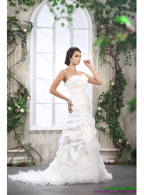 2015 Unique Ruffled Layers White Wedding Dresses with Brush Train