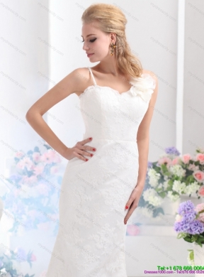 Discount White Column Lace Wedding Dresses with Brush Train and Hand Made Flower