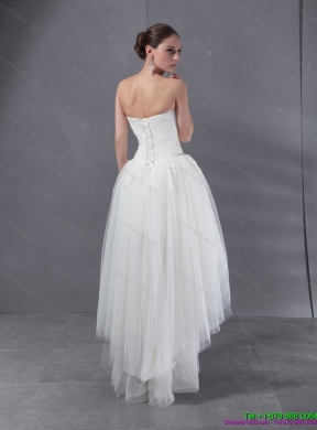 High Low White Sweetheart Wedding Dresses with Ruching and Appliques