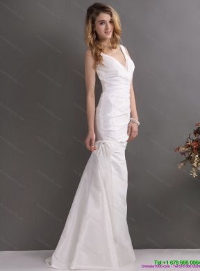 Perfect White V Neck Ruching Bridal Dresses with  Brush Train