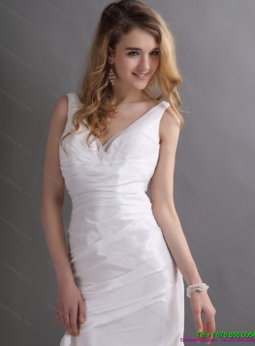 Perfect White V Neck Ruching Bridal Dresses with  Brush Train