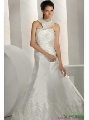 Popular Beading White Wedding Dresses with Brush Train and Lace