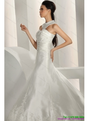 Popular Beading White Wedding Dresses with Brush Train and Lace