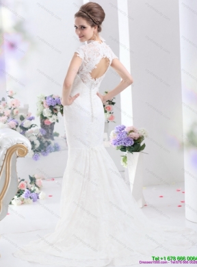 Popular White V Neck Lace 2015 Mermaid Bridal Gown with Brush Train