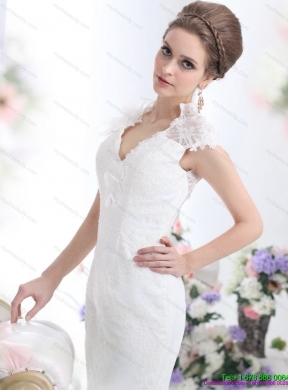 Popular White V Neck Lace 2015 Mermaid Bridal Gown with Brush Train