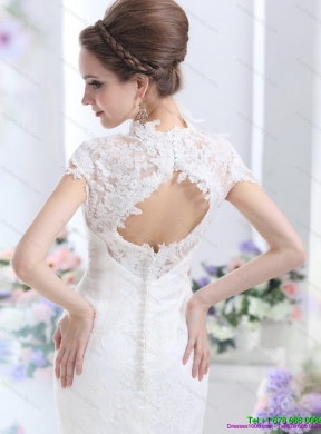 Popular White V Neck Lace 2015 Mermaid Bridal Gown with Brush Train