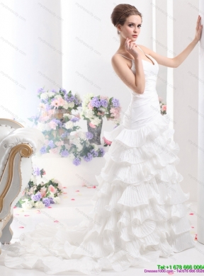 Unique Ruching White Wedding Dresses with Ruffled Layers and Brush Train