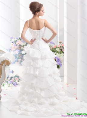 Unique Ruching White Wedding Dresses with Ruffled Layers and Brush Train