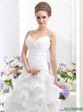 Unique Ruching White Wedding Dresses with Ruffled Layers and Brush Train