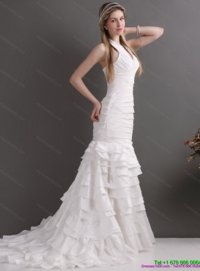 Unique White Halter Top Mermaid Bridal Gowns with Ruffled Layers and Ruching