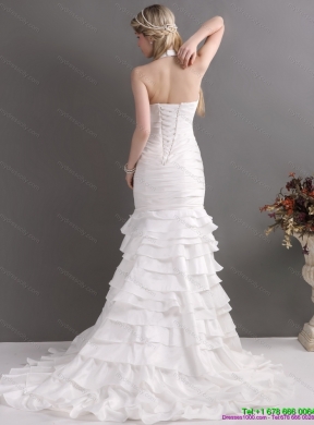 Unique White Halter Top Mermaid Bridal Gowns with Ruffled Layers and Ruching