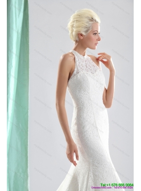 Unique White High Neck Lace Mermaid Bridal Dresses with  Brush Train