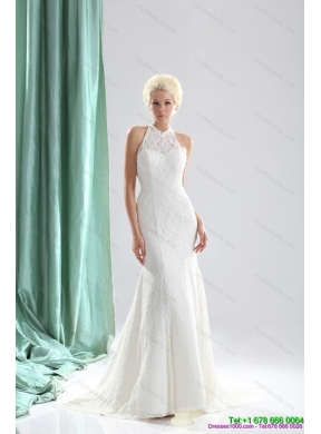 Unique White High Neck Lace Mermaid Bridal Dresses with  Brush Train