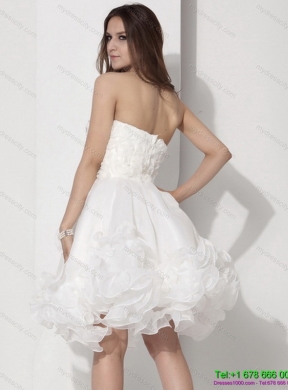 White Strapless Ruffled Short Bridal Dresses with Hand Made Flower