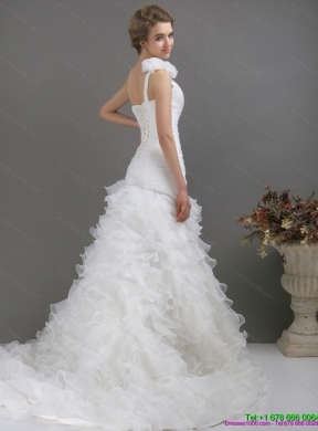 2015 Exquisite One Shoulder Wedding Dress with Ruching and Hand Made Flowers