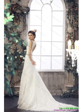 2015 Flirting Lace Straps Wedding Dresses with Court Train