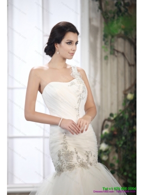 2015 Luxurious One Shoulder Mermaid Wedding Dress with Beading and Ruching
