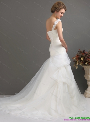 2015 Modest One Shoulder Mermaid Wedding Dresses with Ruching and Hand Made Flowers