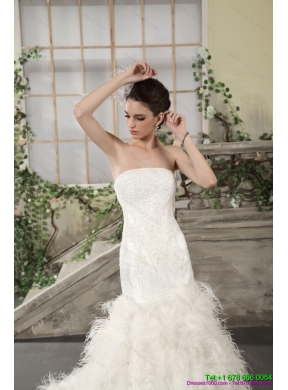 2015 New Style Strapless Mermaid Wedding Dress with Lace and Feather