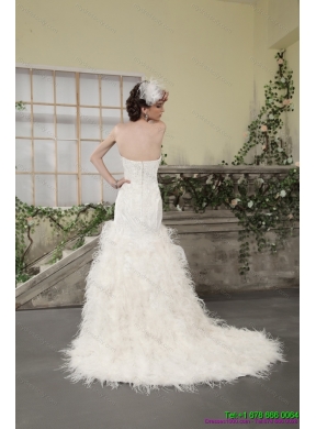 2015 New Style Strapless Mermaid Wedding Dress with Lace and Feather