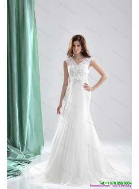 Pretty 2015 V Neck Wedding Dresses with Beading and and Ruching