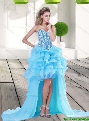 Aqua Blue High Low 2015 Detachable Prom Skirts with Beading and Ruffles