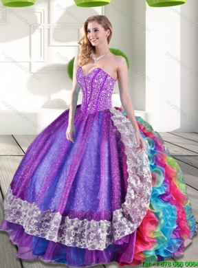 2015 Fashionable Beading and Ruffles Sweetheart Quinceanera Dresses in Multi Color