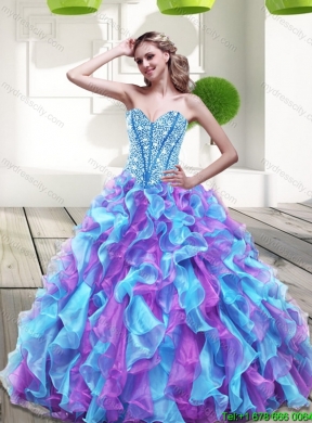 2015 Fashionable Beading and Ruffles Sweetheart Quinceanera Dresses in Multi Color