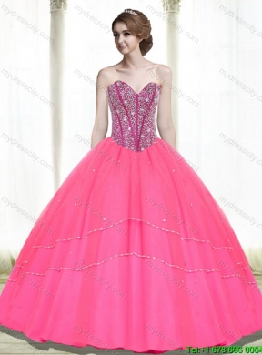 2015 Modest Beading Sweetheart Tulle Hot Pink Quinceanera Dresses