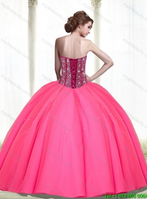 2015 Modest Beading Sweetheart Tulle Hot Pink Quinceanera Dresses