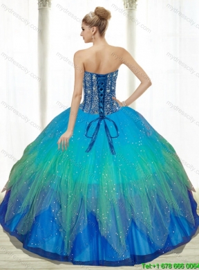 2015 Low Price Beading Sweetheart Tulle Turquoise Quinceanera Dresses