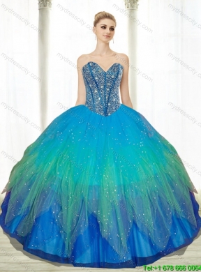 2015 Pretty Beading Sweetheart Tulle Quinceanera Dresses in Turquoise