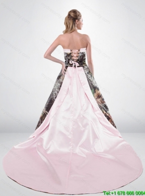 2015 Beautiful Strapless Chapel Train Camo Wedding Dresses in Multi Color