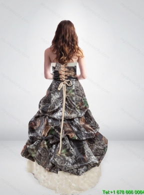 2015 Elegant Strapless Brush Train Camo Wedding Dresses with Pick Ups