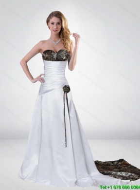 2015 Pink A Line Strapless Fashionable Camo Wedding Dresses with Hand Made Flower