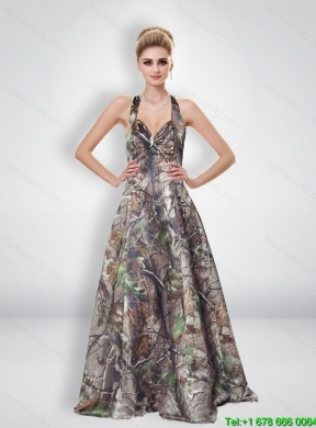 Elegant A Line Halter Top Multi Color Most Popular Camo Prom Dresses with Brush Train