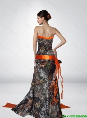 Luxurious Column Strapless Camo Most Popular Prom Dresses with Hand Made Flower