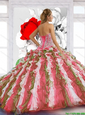 Sturning Beaded Sweetheart 2015 Quinceanera Dress with Hand Made Flowers