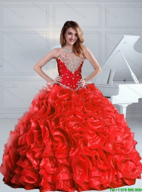 2015 Puffy Exquisite Beaded and Ruffles Pretty  Quinceanera Dresses in Red