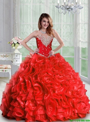 2015 Puffy Exquisite Beaded and Ruffles Pretty  Quinceanera Dresses in Red