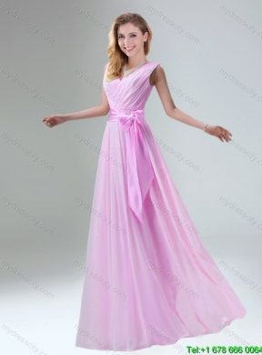 Luxurious 2015 Summer Belt Ruching Chiffon Dama Dresses with Bowknot