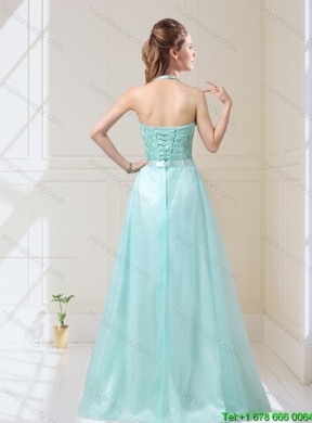 Elegant Empire Halter Top Laced Mint Bridesmaid Dresses with Sash