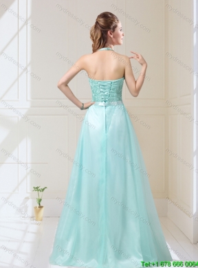 Elegant Empire Halter Top Laced Mint Prom Dresses with Sas