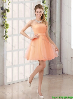 2015 New Style  A Line Belt Mini Length Dama Dresses with Strapless