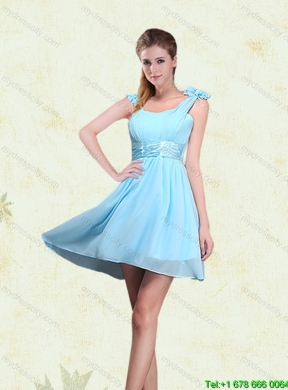 2015 Ruching Chiffon Aqua Blue Beautiful Dama Dresses with Mini Length