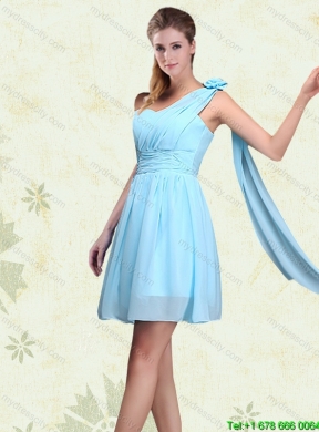 2015 Ruching Chiffon Aqua Blue Beautiful Dama Dresses with Mini Length