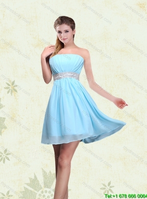 2015 Ruching Chiffon Aqua Blue Beautiful Dama Dresses with Mini Length