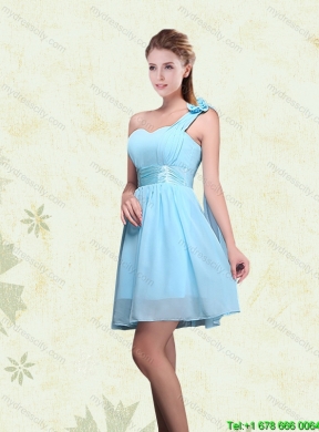 2015 Ruching Chiffon Aqua Blue Beautiful Dama Dresses with Mini Length